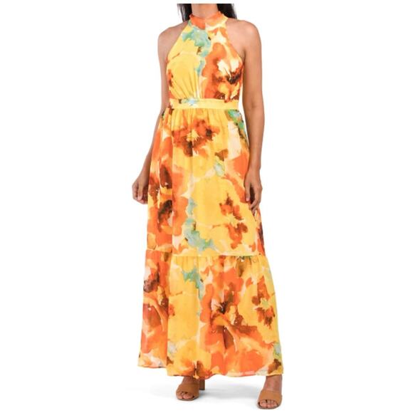 Tahari ASL women 10 Floral Print Halter Neck Tie Back Chiffon Maxi Dress yellow - Picture 1 of 8